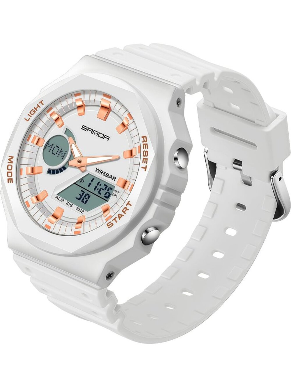 Women's White Rose Gold LED Light Large Face Analog Multifunctional Watches